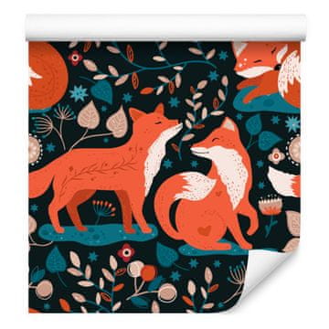 Tapeta z gozdnimi živalmi in rastlinami, turkizna, oranžno ozadje, 50x1000 cm