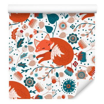 Tapeta z gozdnimi živalmi in naravo, bela in oranžna, 50x1000 cm