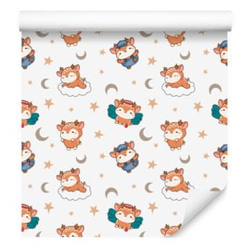 Tapeta z motivom jelena v beli, krem in svetlo sivi barvi za dnevno sobo in spalnico 50x1000 cm