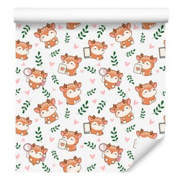 Tapeta z motivom jelena v beli, svetlo sivi in krem barvi za dnevno sobo in spalnico 50x1000 cm