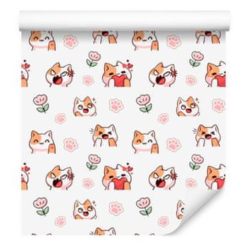 Tapeta z mačkami v beli, svetlo sivi in koralni barvi za dnevno sobo in spalnico 50x1000 cm