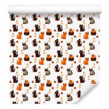 Tapeta z mačkami v beli in krem barvi za dnevno sobo in spalnico 50x1000 cm
