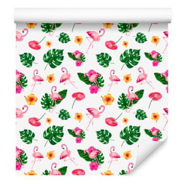 Tapeta Flamingo bela, pudrasto roza, zelena in krem 50x1000 cm
