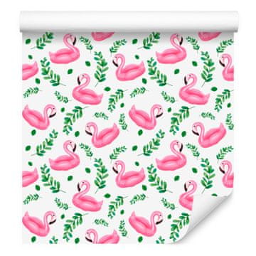 Tapeta Flamingo v beli, pudrasto roza in zeleni barvi za dnevno sobo in spalnico 50x1000