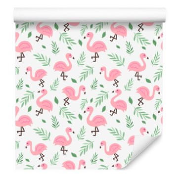 Tapeta Flamingo bela, pudrasto roza in svetlo siva 50x1000 cm