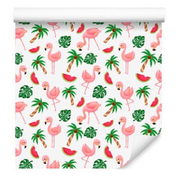 Tapeta Flamingo v beli, koralni, zeleni in krem barvi za dnevno sobo in spalnico 50x1000