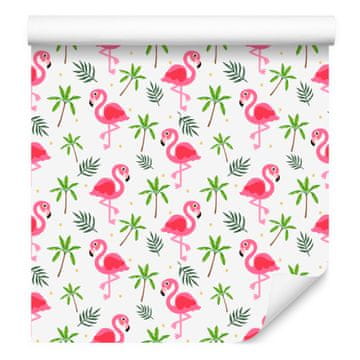 Tapeta Flamingos, bela in pudrasto roza, za dnevno sobo in spalnico, 50x1000 cm