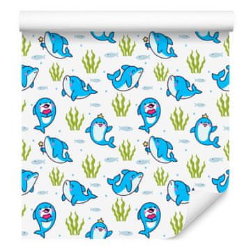 Tapeta z delfini, bela, azurna in kremna, za dnevno sobo in spalnico 50x1000 cm