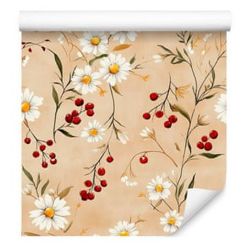 Tapeta Daisy v kremni, bež, zlati in beli barvi za dnevno sobo in spalnico 50x1000 cm