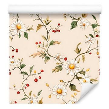 Tapeta Daisy v kremni, bež, beli in zlati barvi za dnevno sobo in spalnico 50x1000 cm