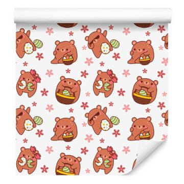 Tapeta z medvedom v beli in oranžni barvi za dnevno sobo in spalnico 50x1000 cm