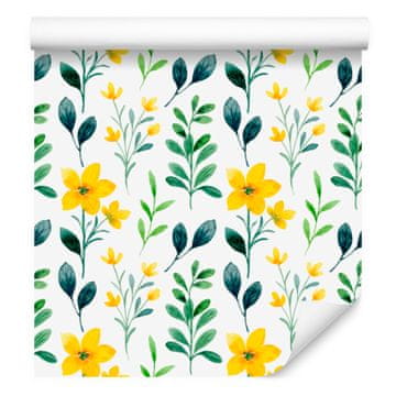 Tapeta z rumenimi rožami v beli in svetlo sivi barvi za dnevno sobo in spalnico 50x1000 cm