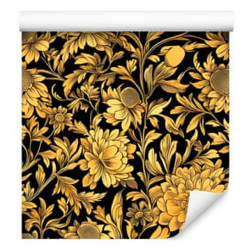 Tapeta z zlatim hibiskusom, oker, zlata, rumena in črna 50x1000 cm