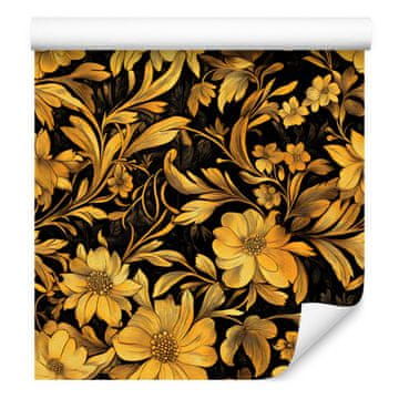 Tapeta z zlatim hibiskusom v oker barvi za dnevno sobo in spalnico 50x1000 cm