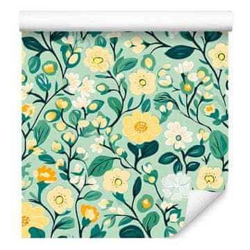 Tapeta Cottagecore Flowers v zeleni in metini barvi za dnevno sobo in spalnico 50x1000 cm