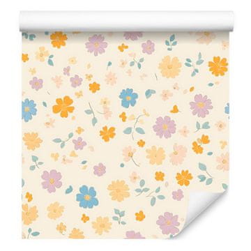 Tapeta Cottagecore Flowers bela, krem, svetlo siva in koralna 50x1000 cm