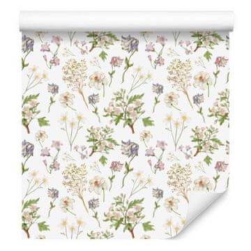 Tapeta z divjim cvetjem v beli, svetlo sivi, bež in krem barvi 50x1000 cm