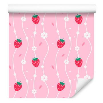 Tapeta z jagodami in marjeticami v pudrasto roza, beli in roza barvi 50x1000 cm