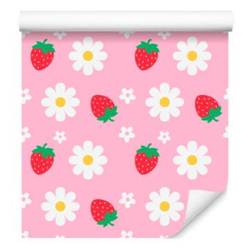 Tapeta z jagodami in marjeticami v pudrasto roza, beli in rdeči barvi 50x1000 cm