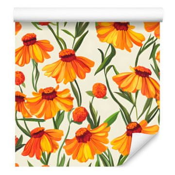 Oranžna tapeta z rudbekijami, kremno-zlata, za dnevno sobo in spalnico 50x1000 cm