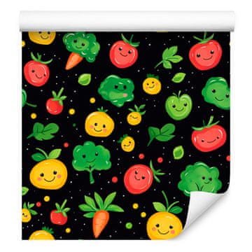 Tapeta Kawaii Vegetables črno-zelena za dnevno sobo in spalnico 50x1000 cm