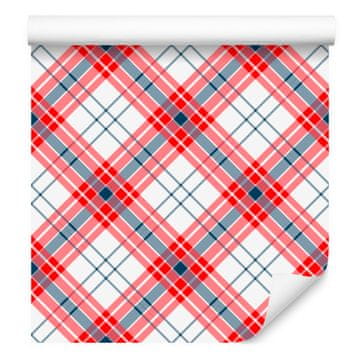 Temno modra, rdeča, koralna in svetlo siva karo tapeta 50x1000 cm