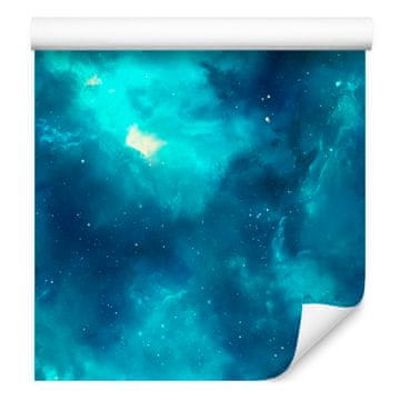 Fototapeta z akvarelnim motivom galaksije v turkizni, modri, temno modri in metini barvi 50x1000 cm