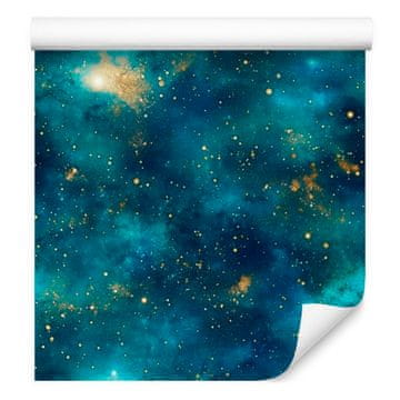 Akvarelna tapeta Galaxy turkizna in mornarsko modra za dnevno sobo in spalnico 50x1000