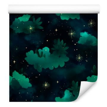 Akvarelna tapeta Galaxy črne in modrozelene barve za dnevno sobo in spalnico 50x1000