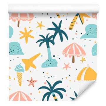 Poletna tapeta v beli, krem, turkizni in celadon barvi za dnevno sobo in spalnico 50x1000 cm