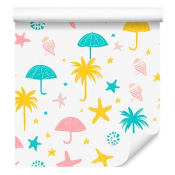 Poletna tapeta bela, krem, celadon in koralna za dnevno sobo in spalnico 50x1000 cm
