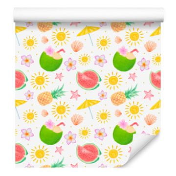 Poletna tapeta v beli, krem, koralni in lime barvi za dnevno sobo in spalnico 50x1000 cm
