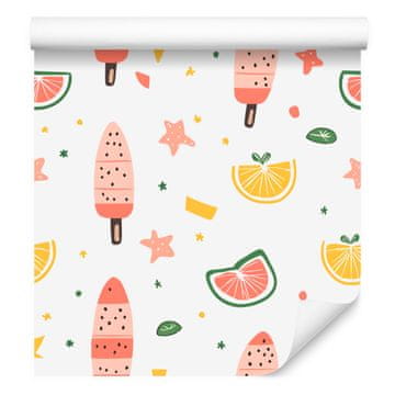 Poletna tapeta v beli, krem, koralni in breskovi barvi za dnevno sobo in spalnico 50x1000