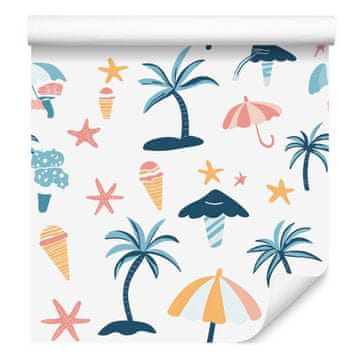 Poletna tapeta v beli, modri in krem barvi za dnevno sobo in spalnico 50x1000 cm