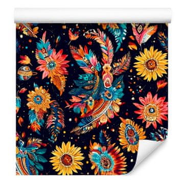 Boho tapeta v mornarsko modri in zlati barvi za dnevno sobo in spalnico 50x1000 cm