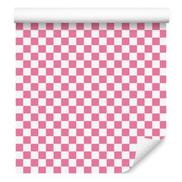 Tapeta v pudrasto roza barvi s šahovnico, harmonična aranžma 50x1000 cm