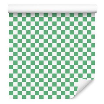 Tapeta s šahovnico v metini, zeleni in beli barvi za dnevno sobo in spalnico 50x1000 cm