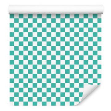Tapeta z vzorcem šahovnice v metini in beli barvi za dnevno sobo in spalnico 50x1000 cm
