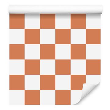 Tapeta s šahovnico, bela, oranžna in krem za dnevno sobo in spalnico 50x1000 cm