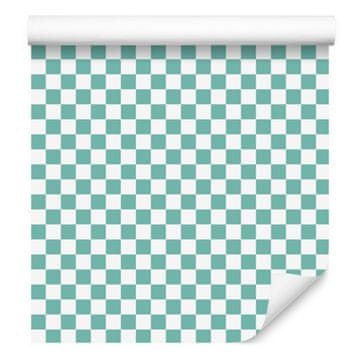 Tapeta s šahovnico, bela, morsko modra in svetlo siva, 50x1000 cm