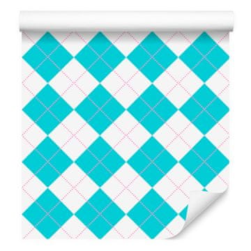 Roza in modra karo tapeta, celadon in bela, 50x1000 cm