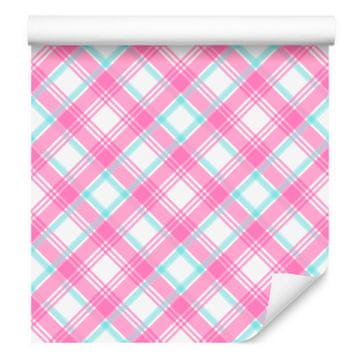 Roza in modra karo tapeta v pudrasto roza in beli barvi 50x1000 cm
