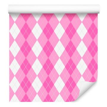 Roza karo tapeta v pudrasto roza, beli in vijolični barvi 50x1000 cm