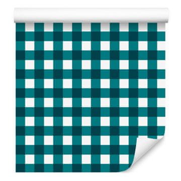 Barvita retro karo tapeta v turkizni in beli barvi za dnevno sobo in spalnico 50x1000 cm