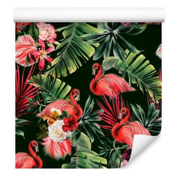 Fototapeta Flamingo, vrtnice, rože in zelena za dnevno sobo in spalnico 50x1000 cm