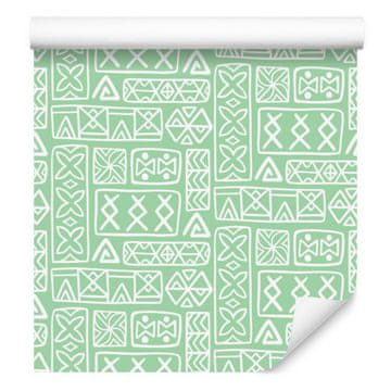 Polinezijska tapeta z geometrijskim vzorcem, mint, bela in svetlo siva 50x1000