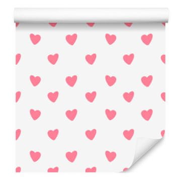 Tapeta s srčki v beli, pudrasto roza in koralni barvi 50x1000 cm
