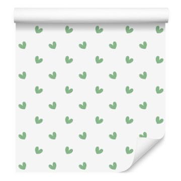 Tapeta s srčki v beli, svetlo sivi in zeleni barvi 50x1000 cm