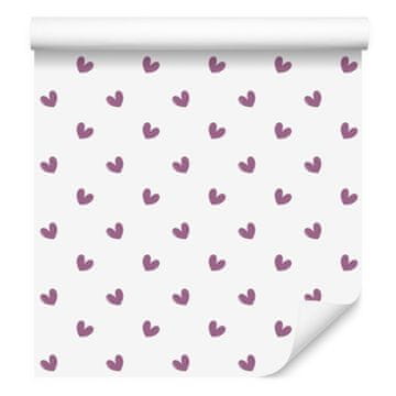Tapeta s srčki v beli, svetlo sivi in vijolični barvi 50x1000 cm