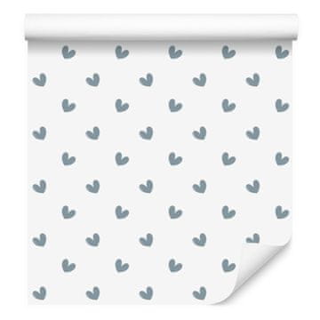 Tapeta s srčki v beli, svetlo sivi, modri in sivi barvi 50x1000 cm